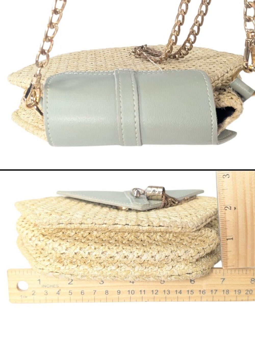 Haute Sauce Hexagon Small Woven Raffia Sage Green Faux Leather Flap Crossbody - Picture 5 of 10